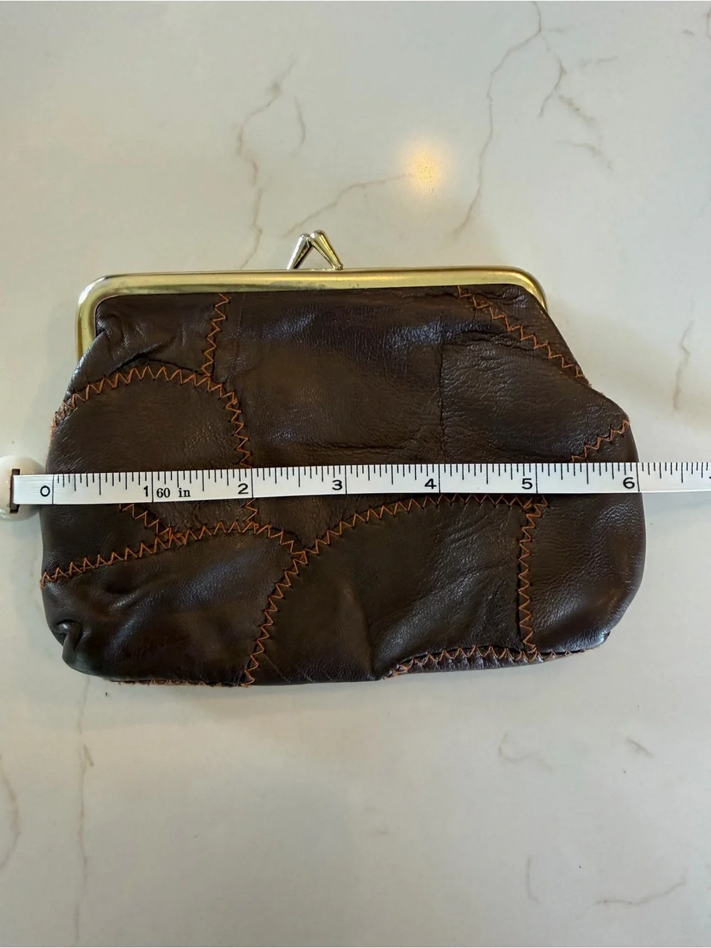 Vintage Classic Brown Leather Patchwork Kiss Lock Coin Purse